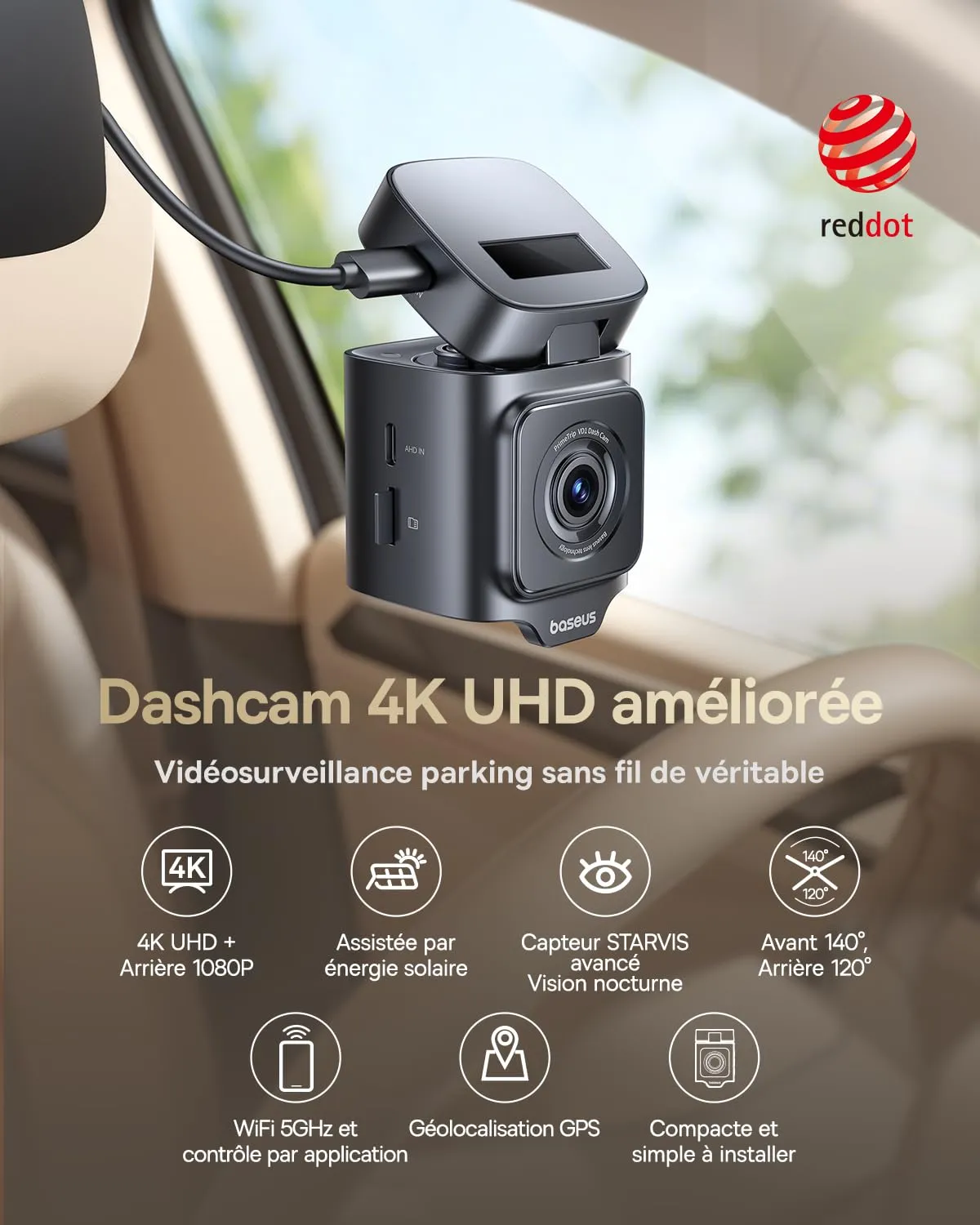 Baseus VD1 Pro dashcam avant arrière 4K 1080p solaire 32 Go