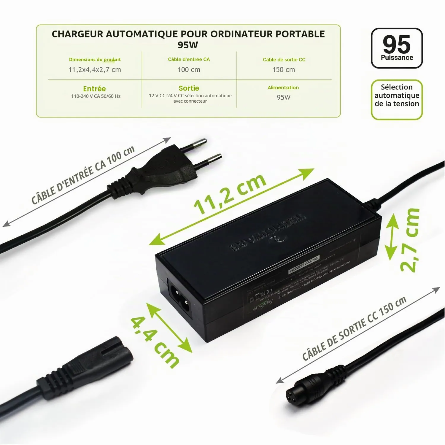 Tecnoware Power Systems chargeur universel ordinateur portable 95 W 10 connecteurs