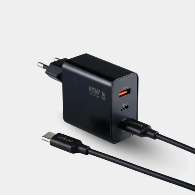 Uniross 65W chargeur mural GaN 3 ports + câble 2m