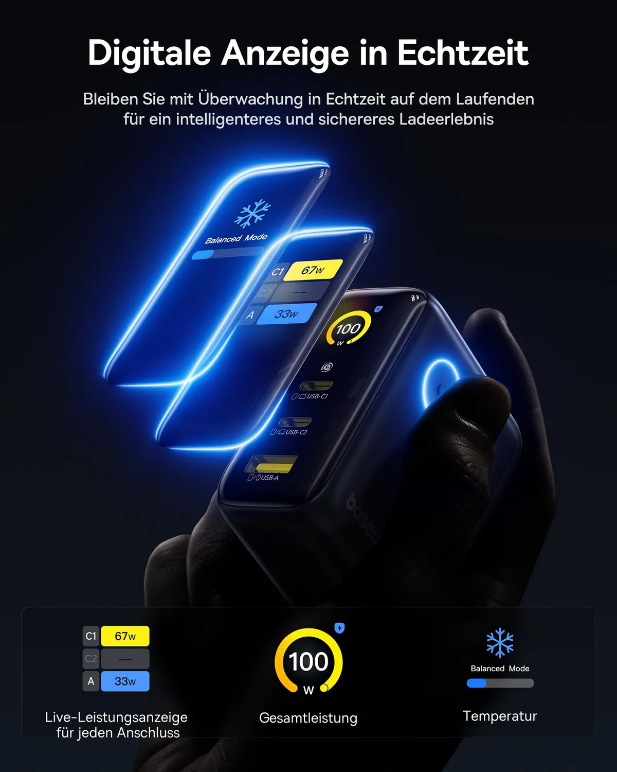 Baseus PicoGo 100W chargeur USB-C 3-en-1 avec écran pliable