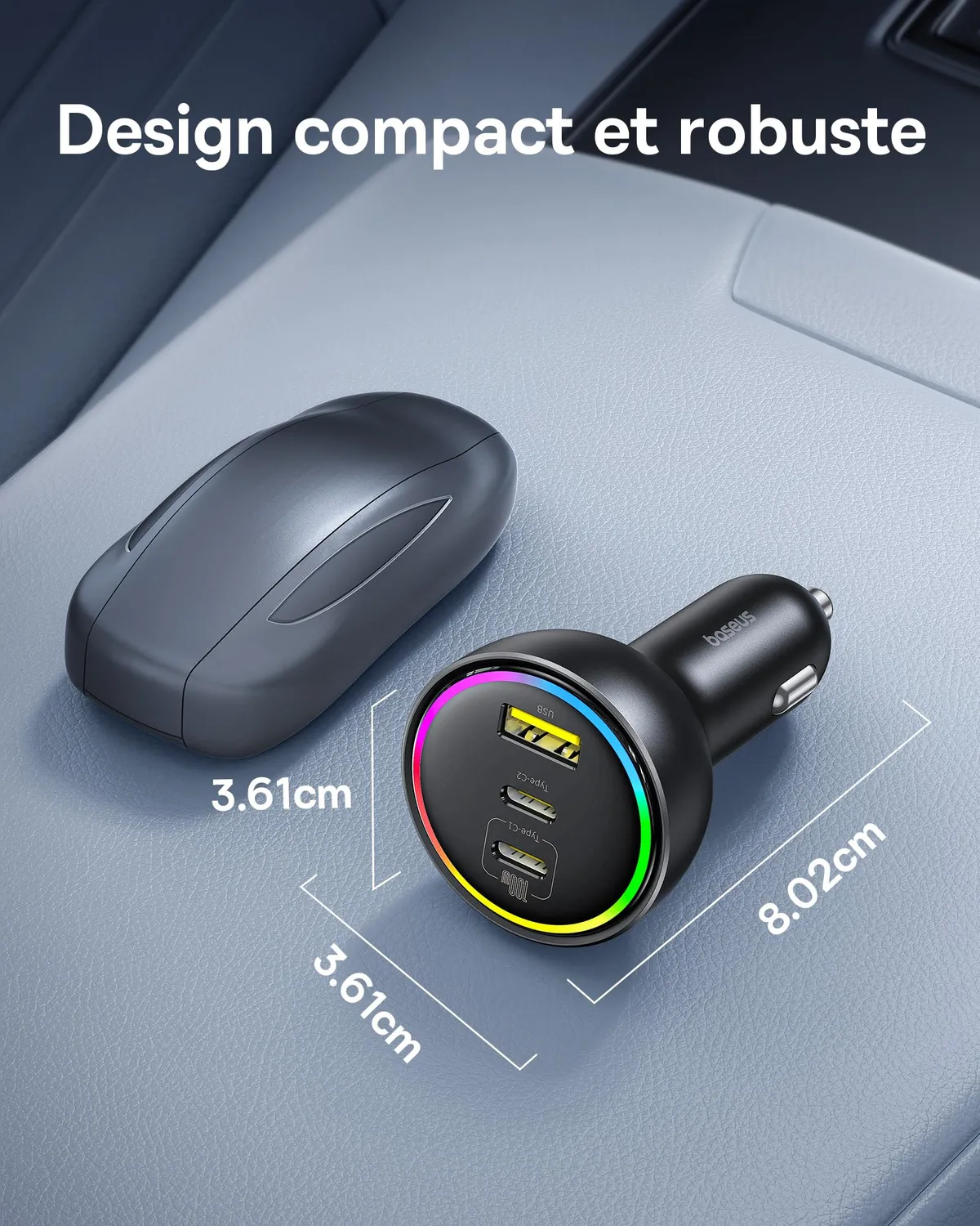 Baseus 152.5W chargeur allume-cigare USB-C 3 ports RGB avec câble 100 W