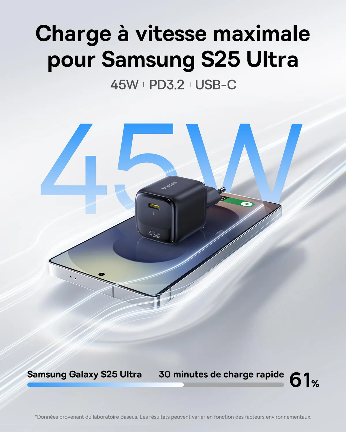 Baseus chargeur USB-C GaN 45 W avec câble 1 m 1 pièce compact