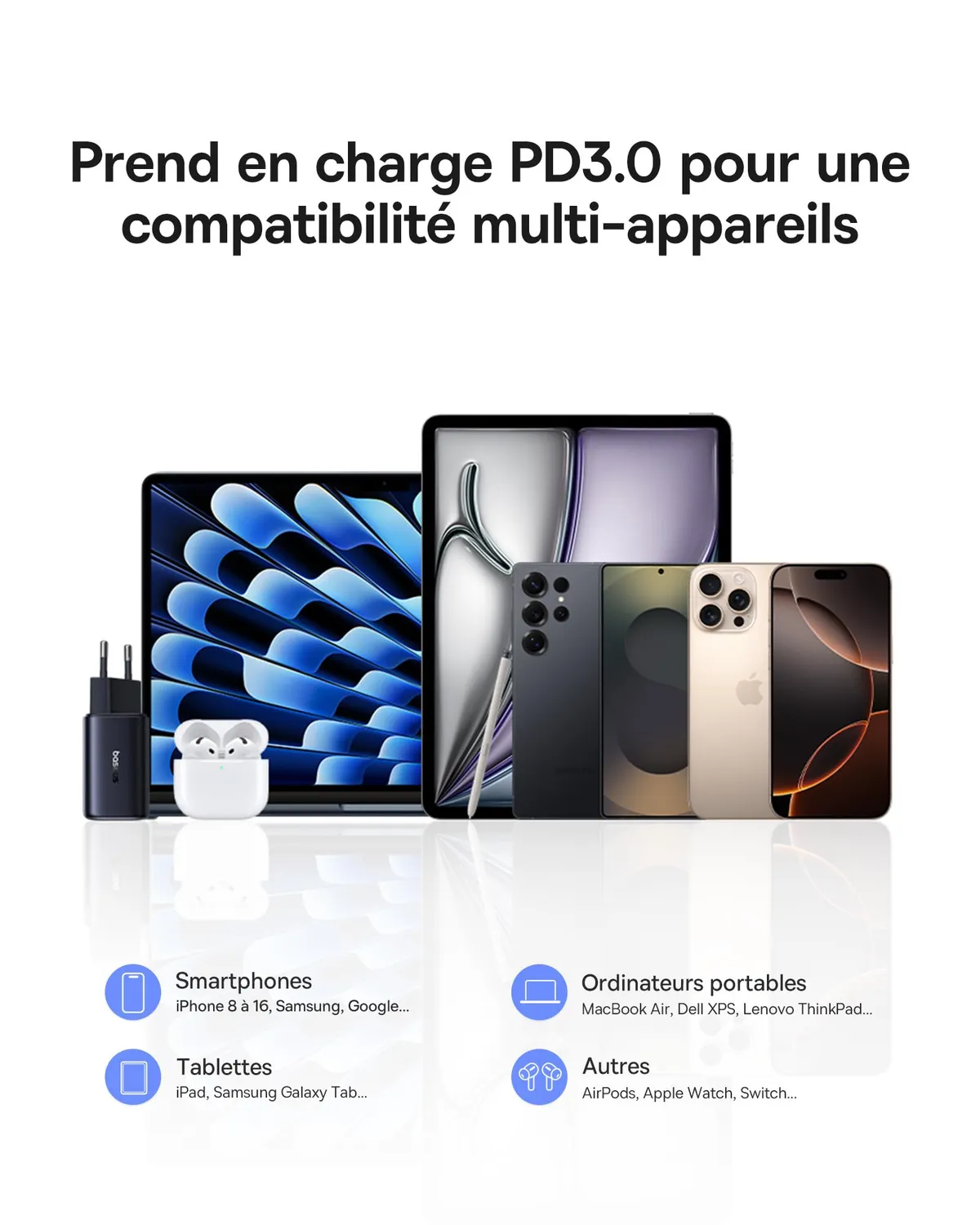 Baseus Picogo Chargeur USB-C 67 W 3 ports GaN compact