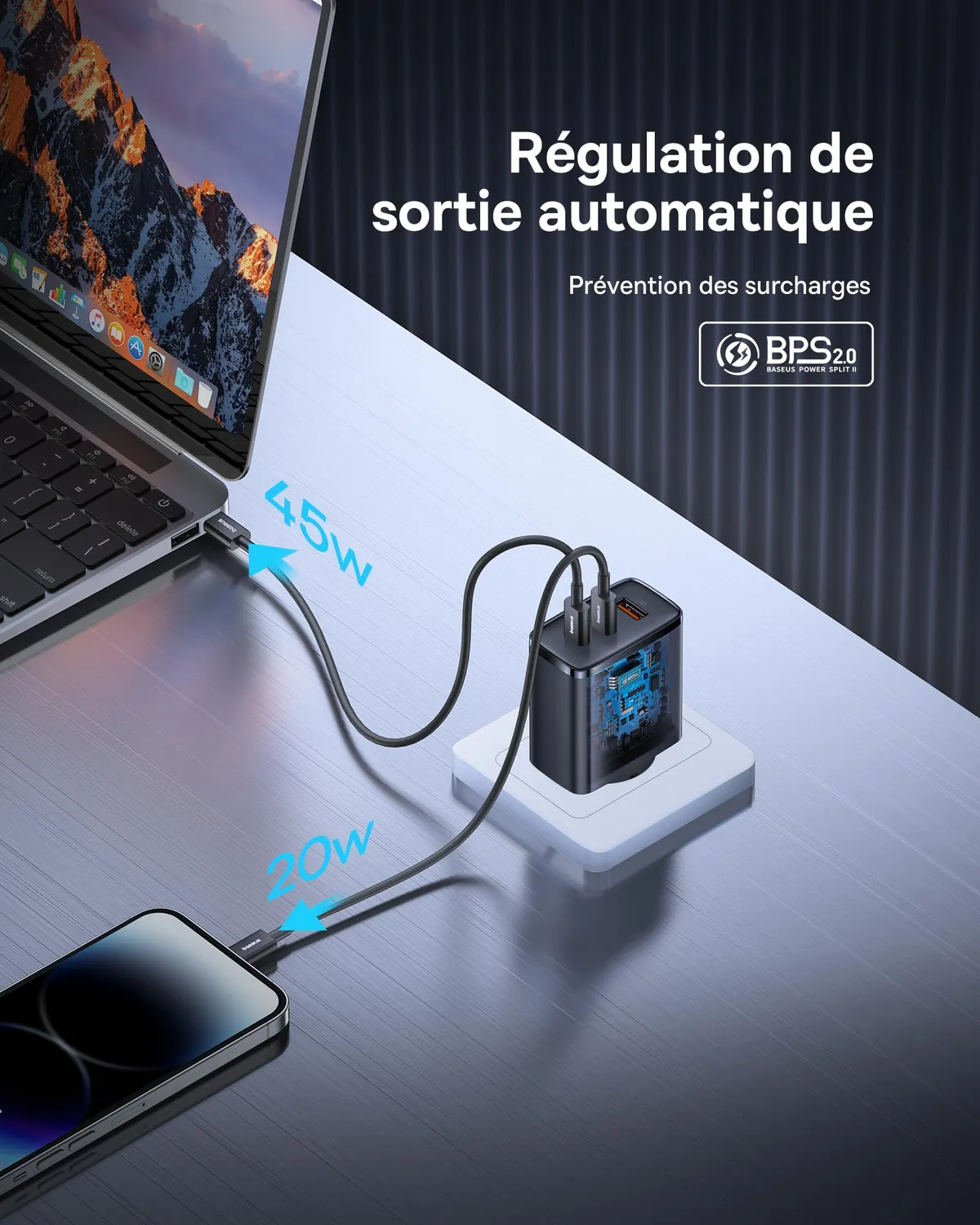 Baseus chargeur USB-C 65W GaN 3 ports PD PPS