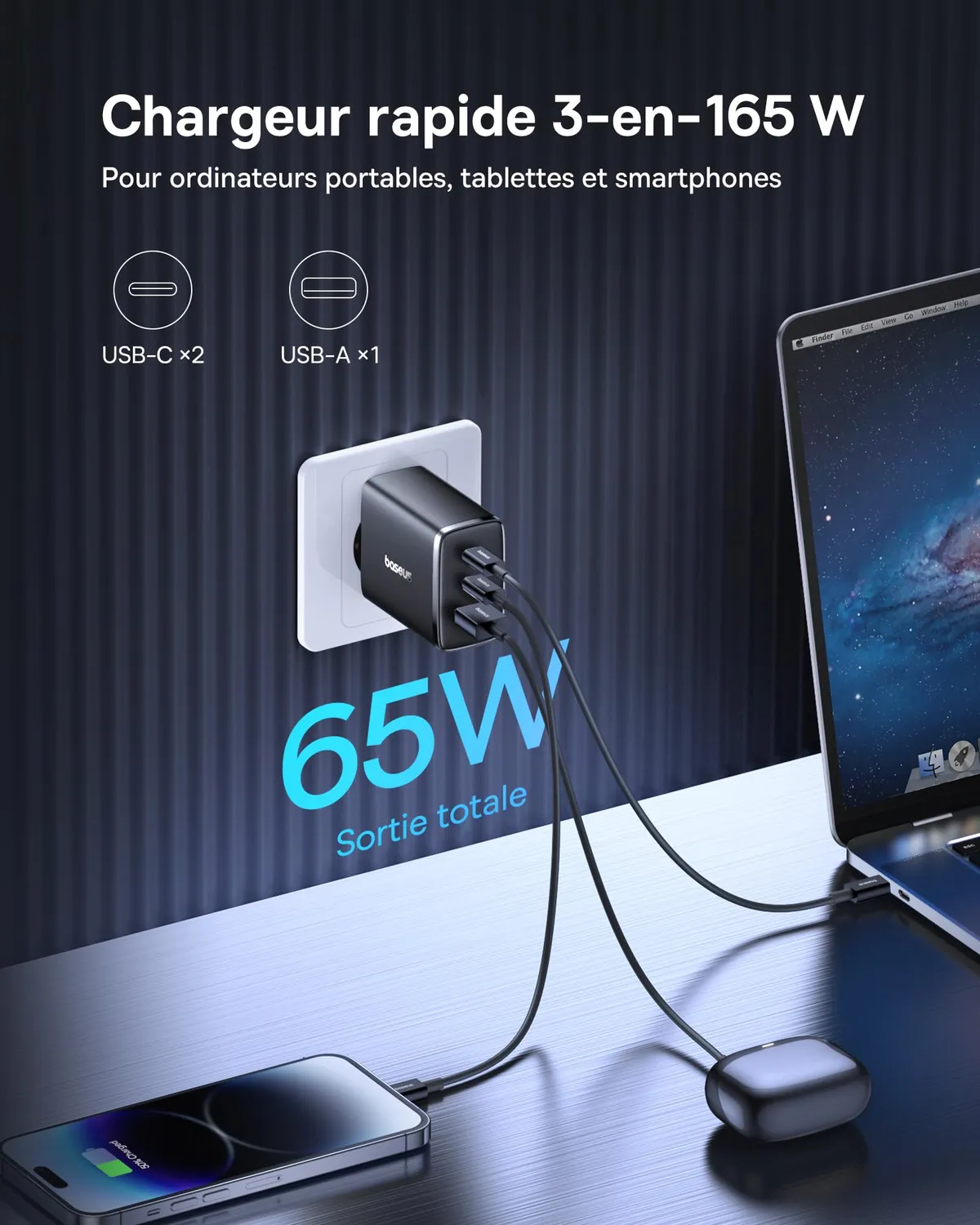 Baseus chargeur USB-C 65W GaN 3 ports PD PPS