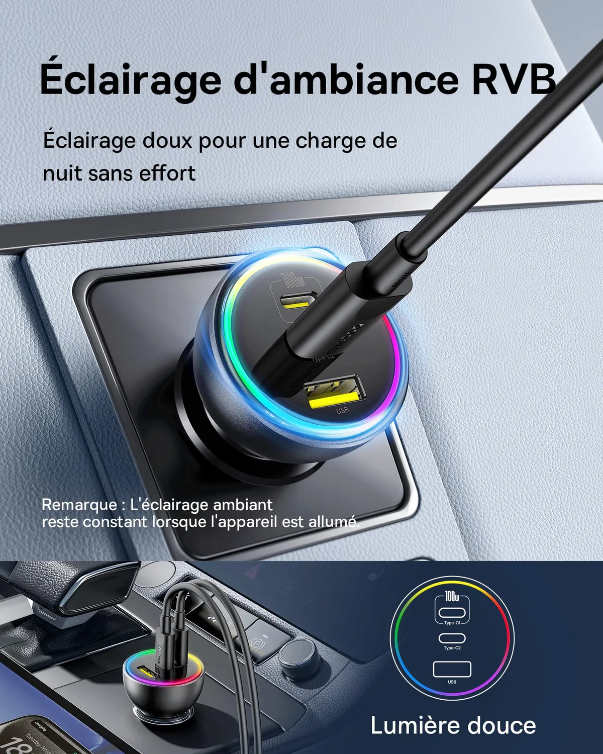 Baseus 152.5W chargeur allume-cigare USB-C 3 ports RGB avec câble 100 W