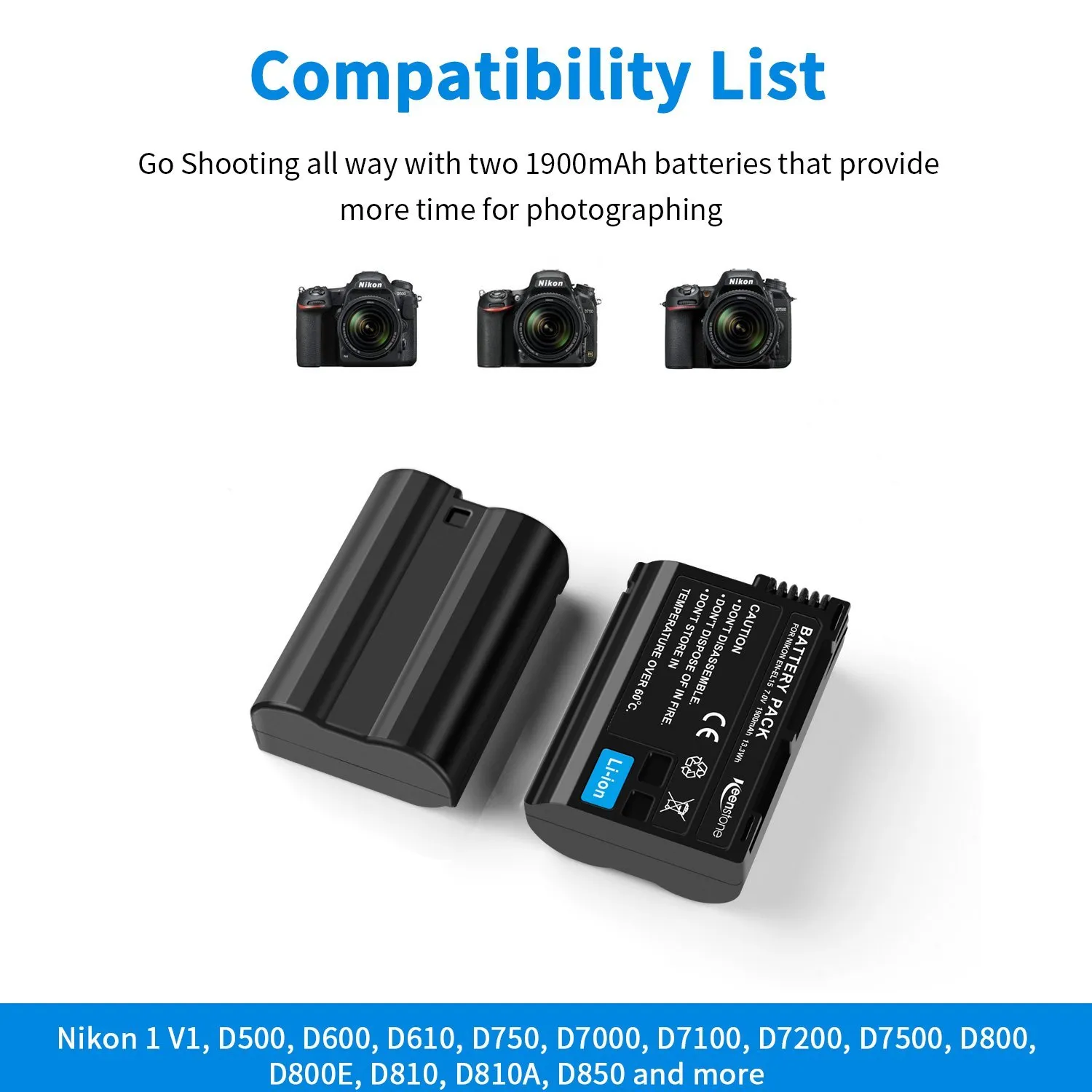 Keenstone EN-EL15A batterie appareil photo 1900 mAh avec chargeur USB double