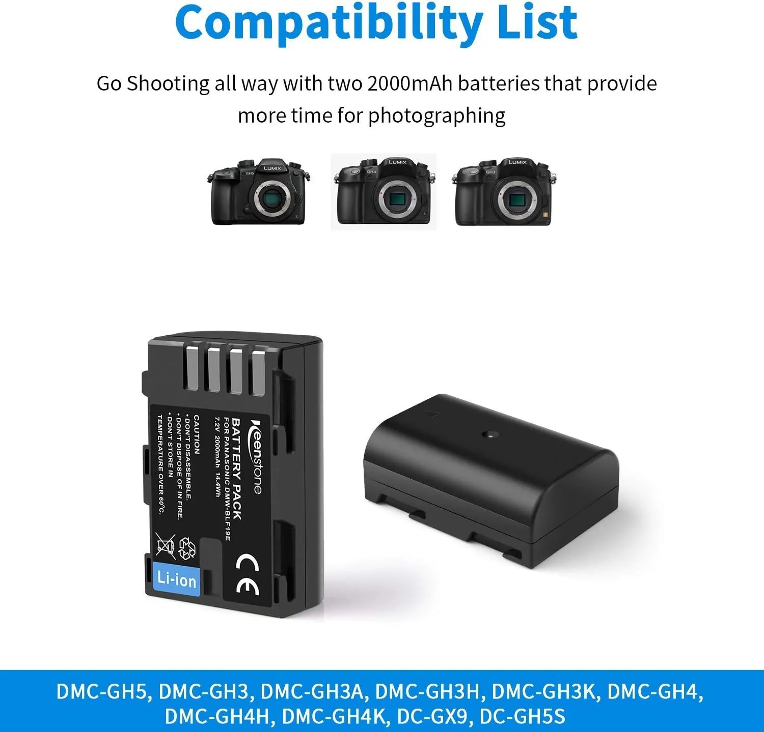 Keenstone DMW-BLF19E batteries appareil photo 2000 mAh lot de 2