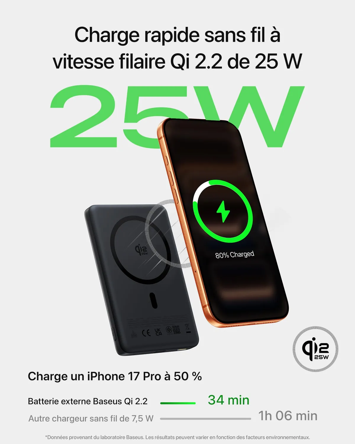 Baseus PicoGo AM52 batterie externe Qi2.2 10 000 mAh noire sans câble intégré