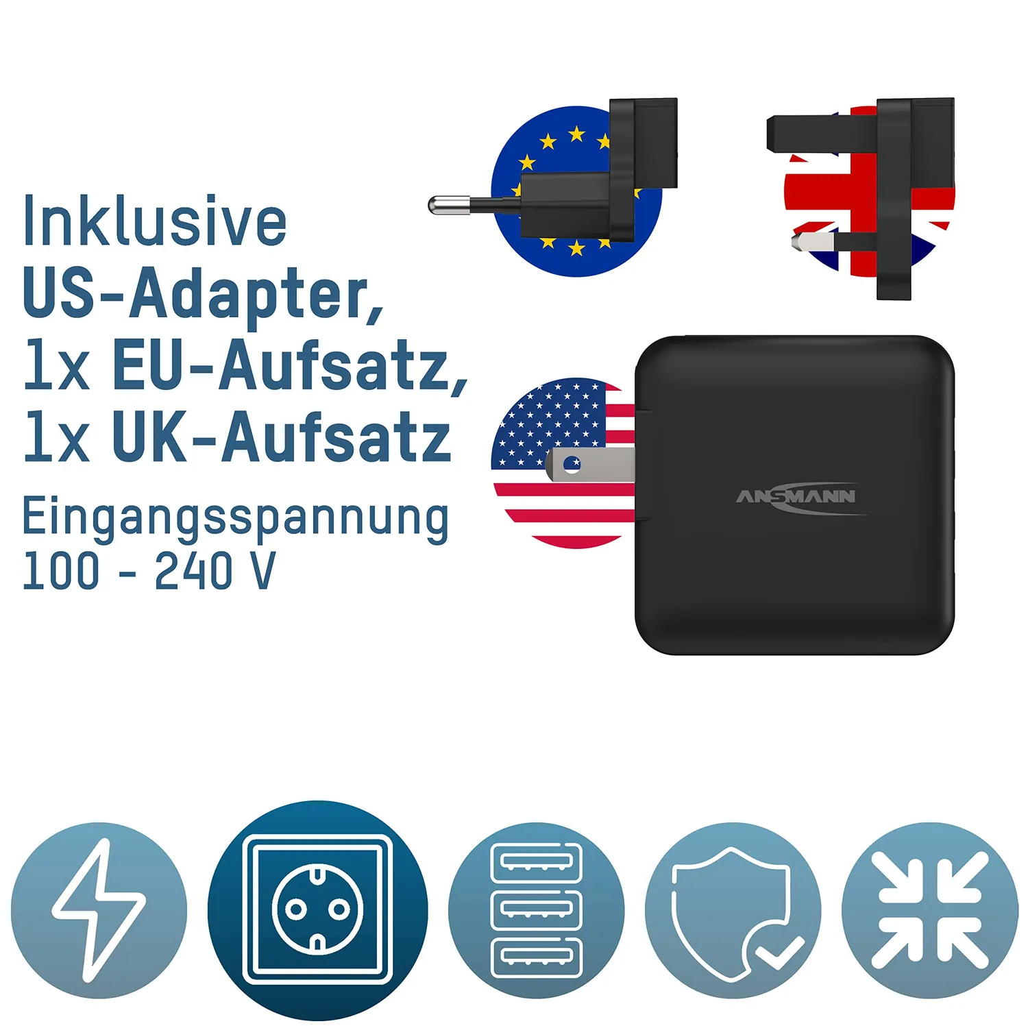 ANSMANN chargeur USB de voyage 30 W avec prises interchangeables