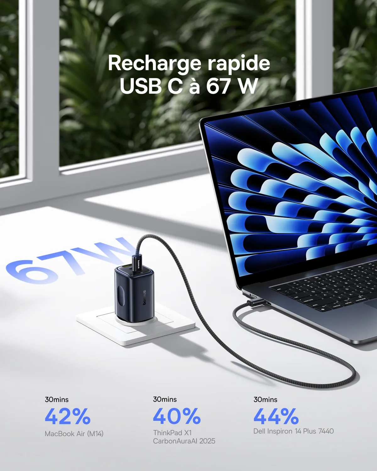 Baseus Picogo Chargeur USB-C 67 W 3 ports GaN compact
