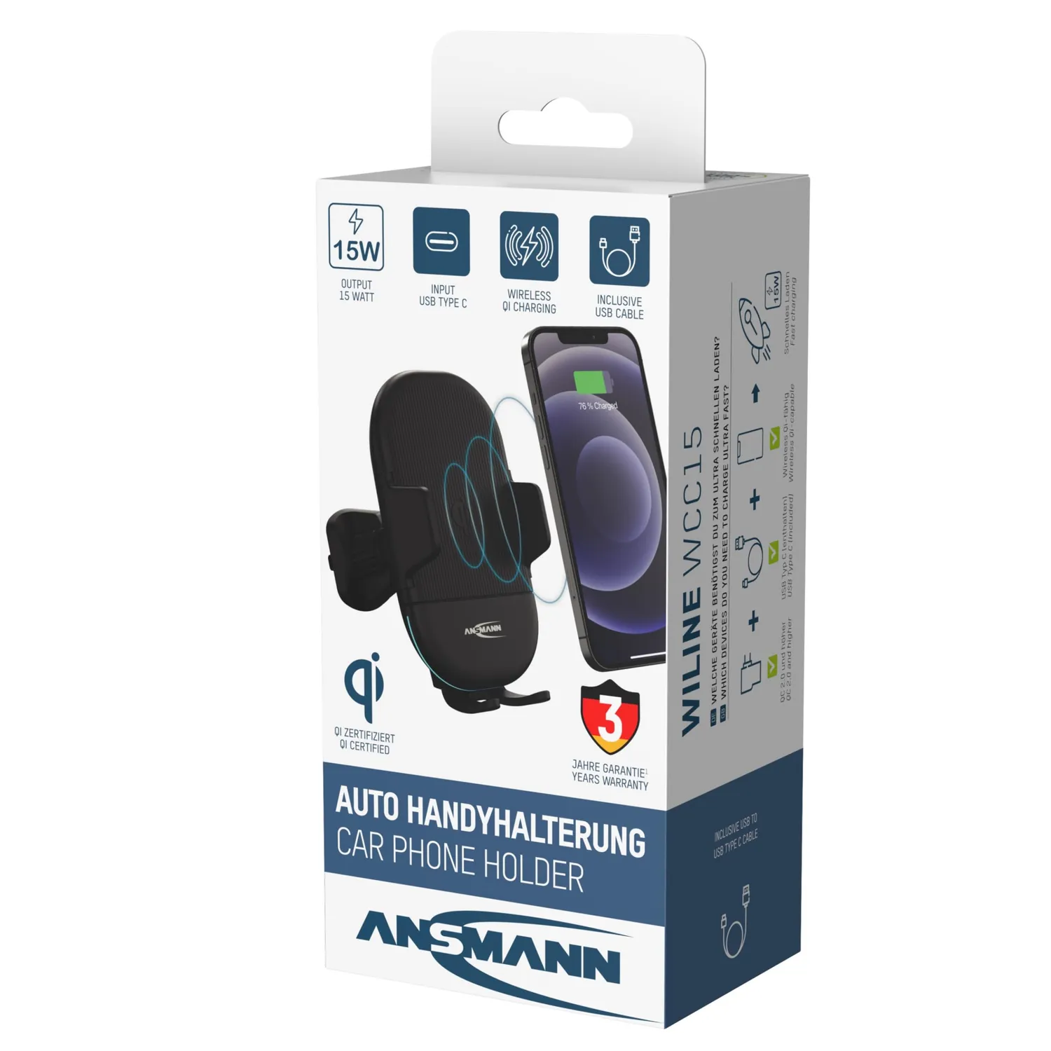 ANSMANN WCC15 chargeur voiture sans fil Qi grille aération