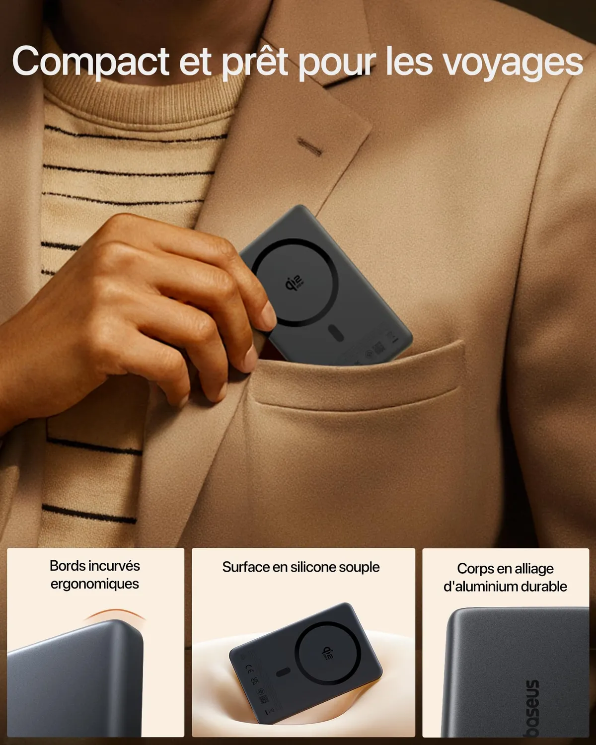 Baseus PicoGo AM52 batterie externe Qi2.2 10 000 mAh noire sans câble intégré