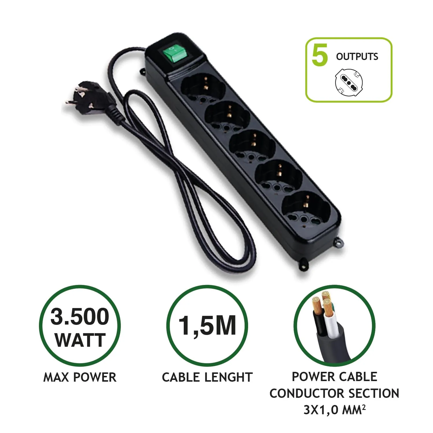 Tecnoware Power Systems multiprise 5 prises Schuko Italie, interrupteur