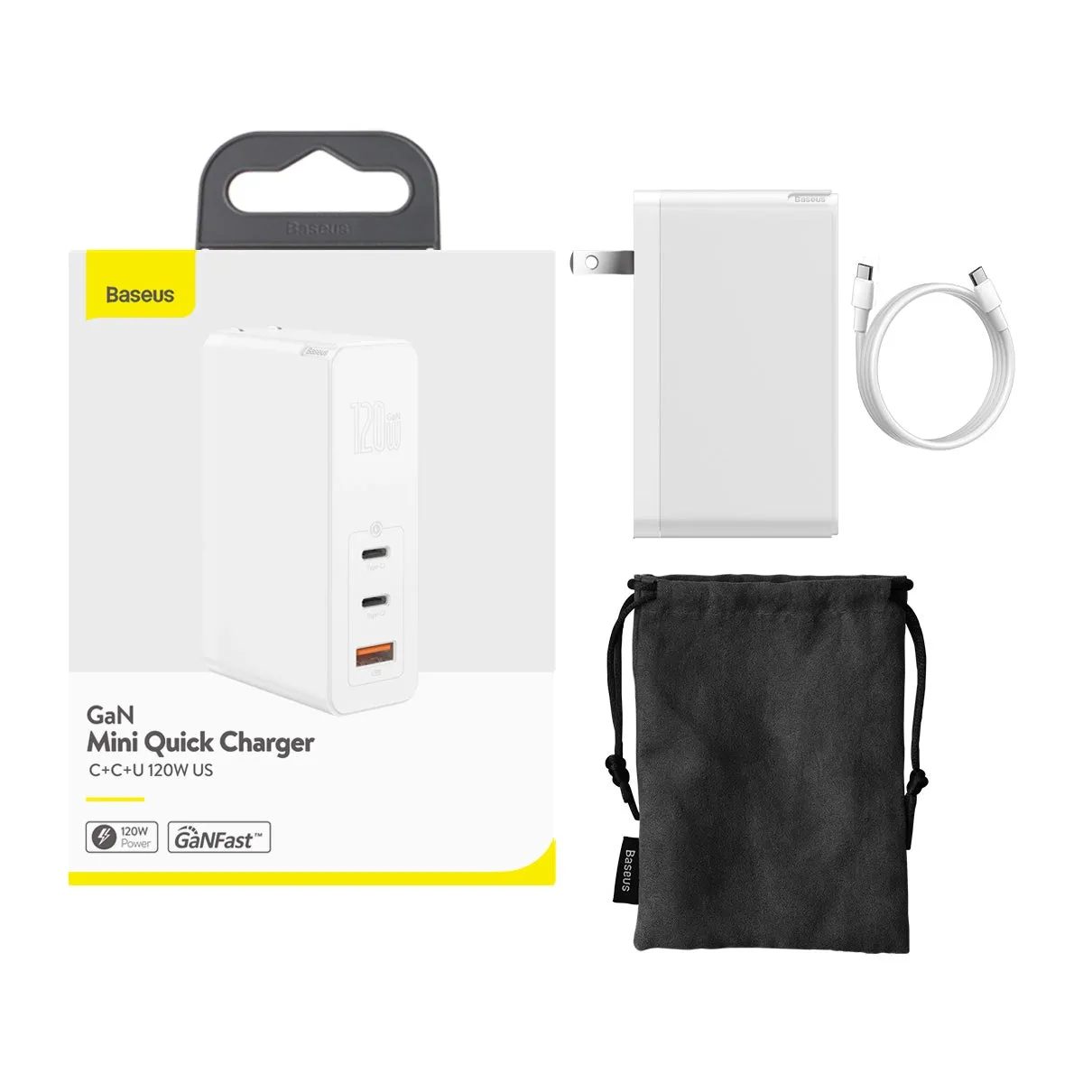 Baseus GaN2 Pro chargeur rapide 3 ports USB-C 120 W blanc