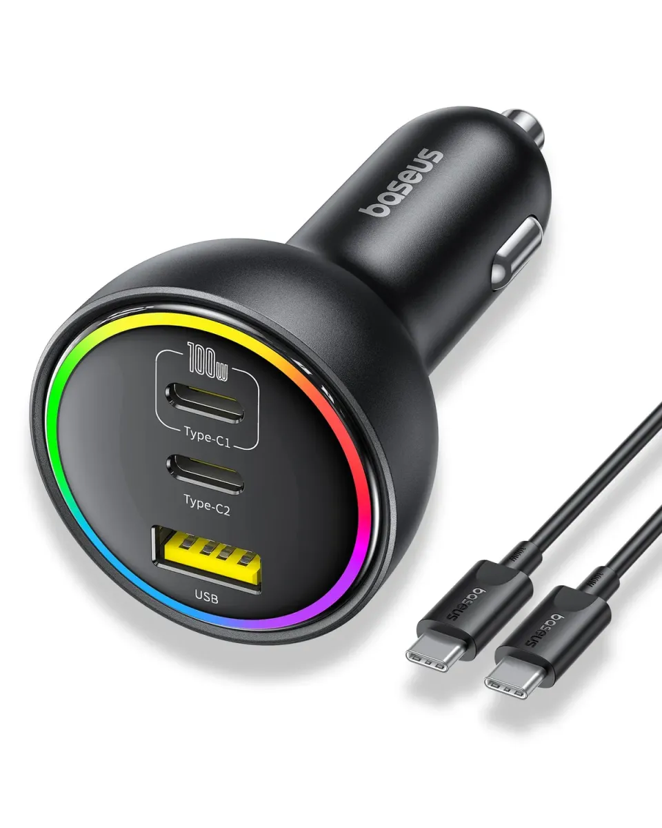 Baseus 152.5W chargeur allume-cigare USB-C 3 ports RGB avec câble 100 W