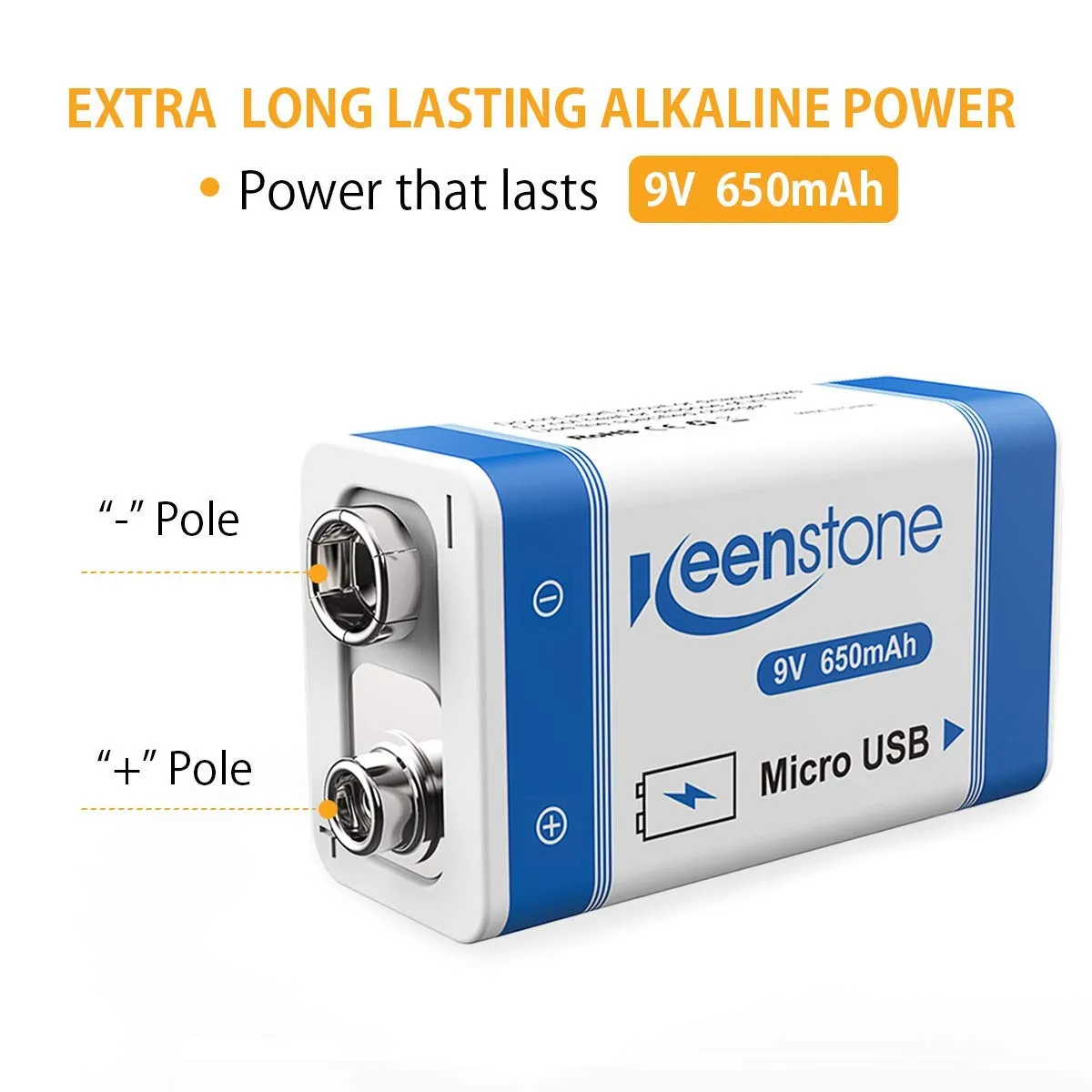 Keenstone 6F22 pile rechargeable 9 V 650 mAh lot de 4 USB