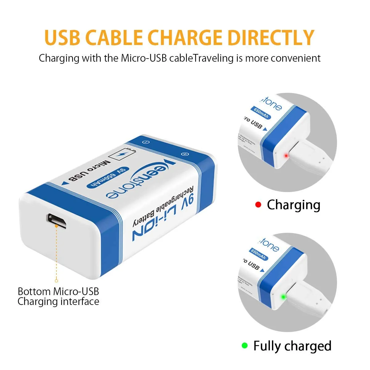 Keenstone 6F22 pile rechargeable 9 V 650 mAh lot de 4 USB