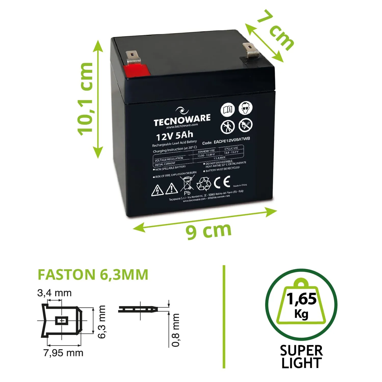 Tecnoware Power Systems Batterie 12 V 5 Ah pour onduleur étanche