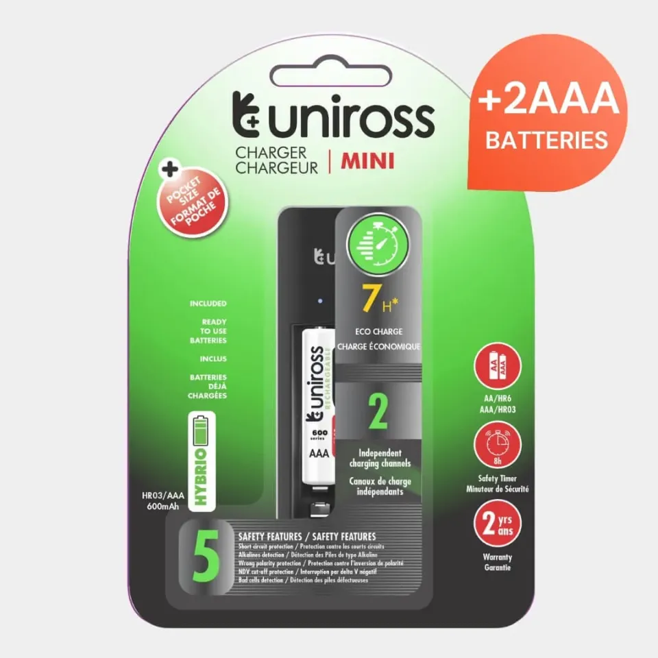 Uniross Mini chargeur piles AA AAA + 2 piles AAA