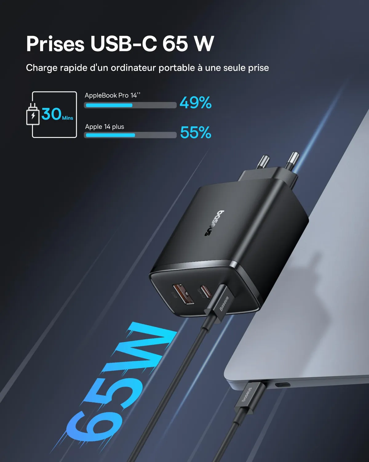 Baseus chargeur USB-C 65W GaN 3 ports PD PPS