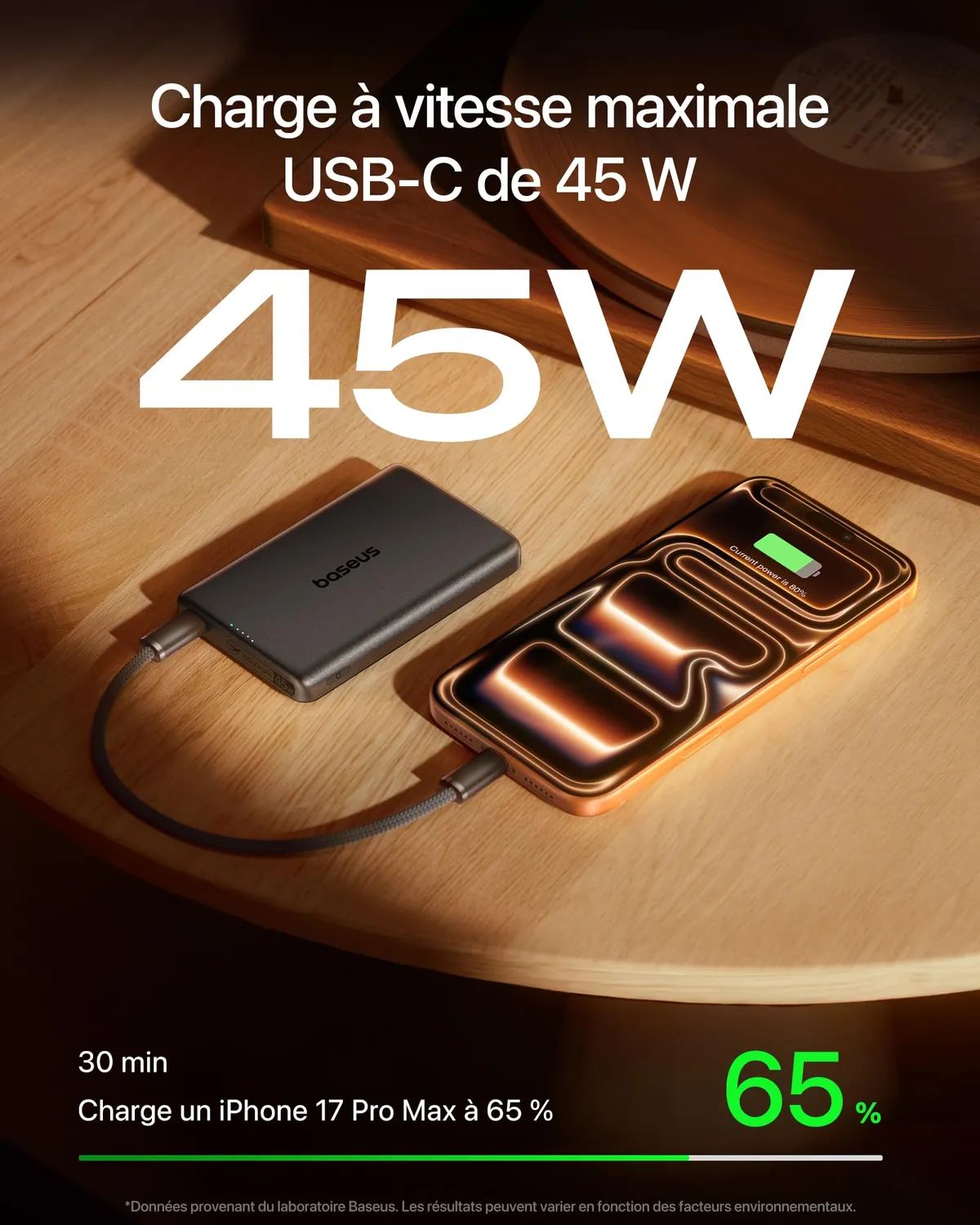 Baseus PicoGo AM52 batterie externe Qi2.2 10 000 mAh noire sans câble intégré