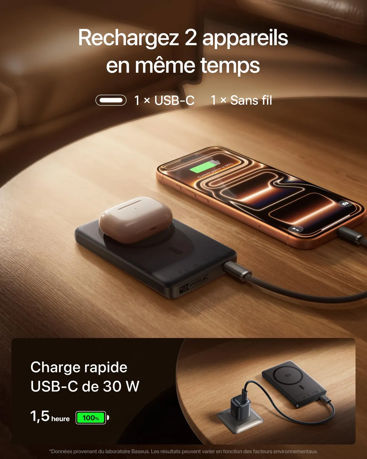 Baseus PicoGo AM52 batterie externe Qi2.2 10 000 mAh noire sans câble intégré