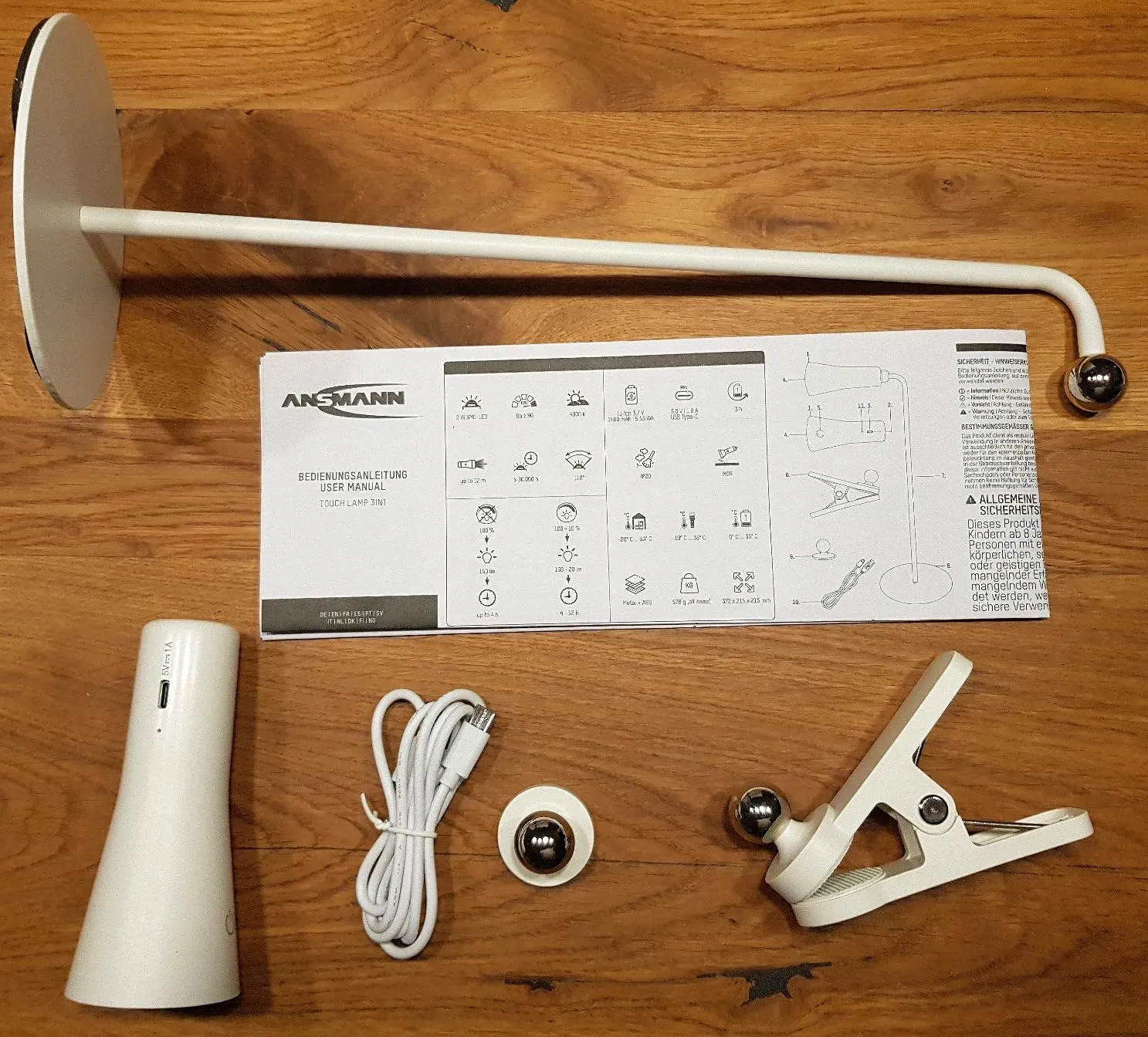 ANSMANN 3 en 1 lampe de bureau LED rechargeable USB-C