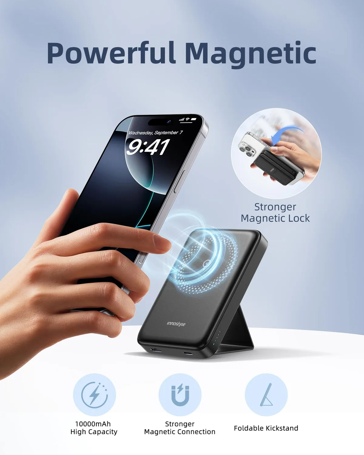 Innostyle PowerMag 2in1 batterie externe MagSafe 10 000 mAh bleue avec support