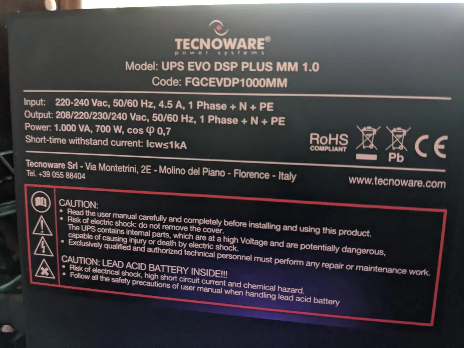 Tecnoware EVO DSP Plus 1000 onduleur 1000 VA en ligne 4 prises IEC