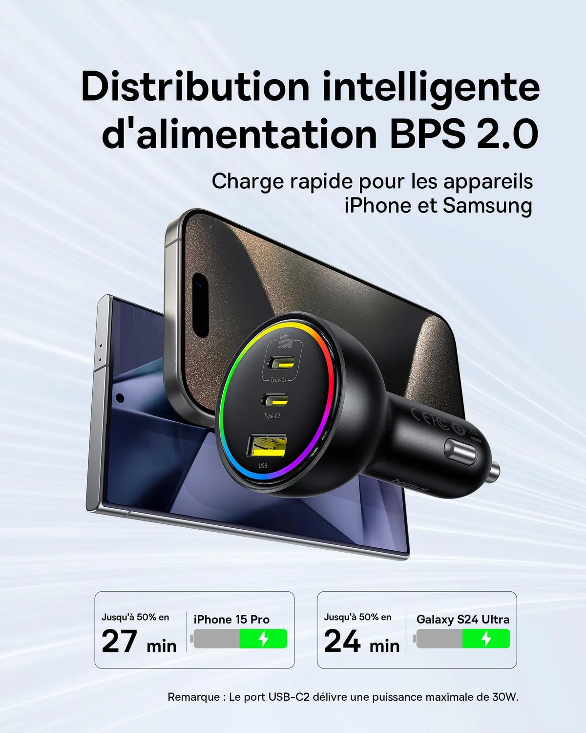 Baseus 152.5W chargeur allume-cigare USB-C 3 ports RGB avec câble 100 W