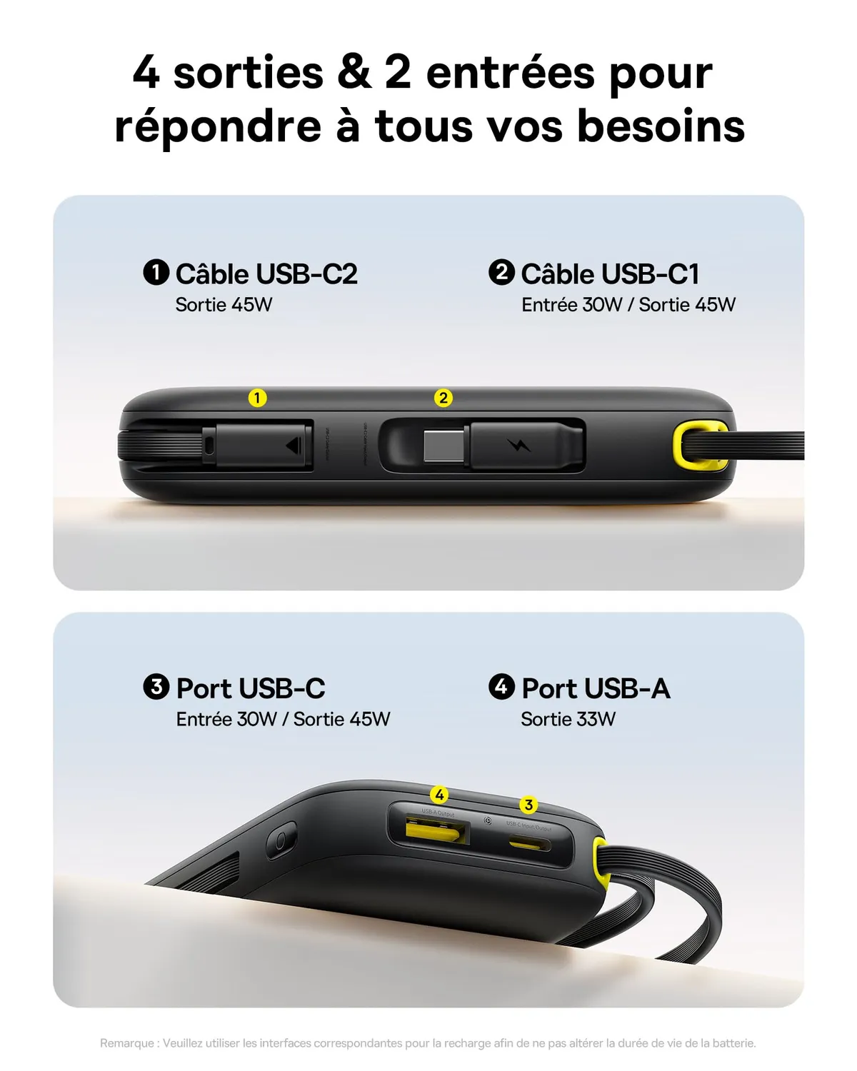 Baseus Qpow3 batterie externe 20 000 mAh 45 W noire avec câbles USB-C