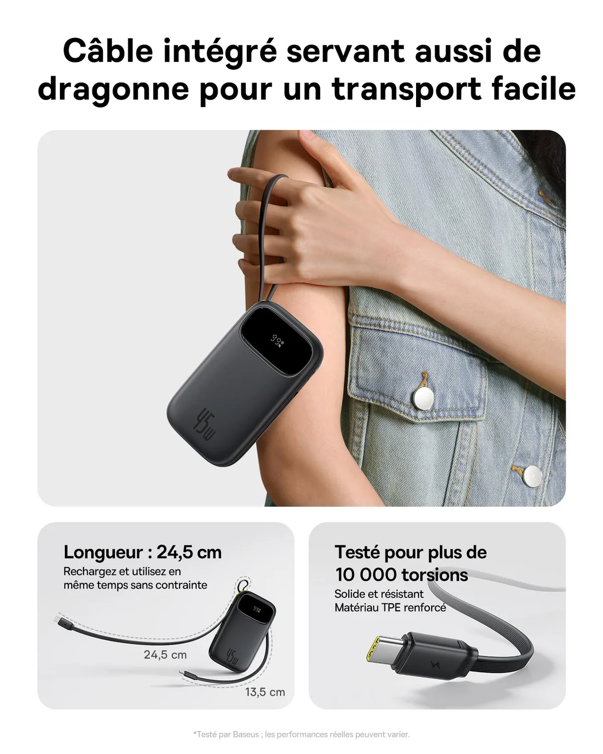 Baseus Qpow3 batterie externe 20 000 mAh 45 W noire avec câbles USB-C