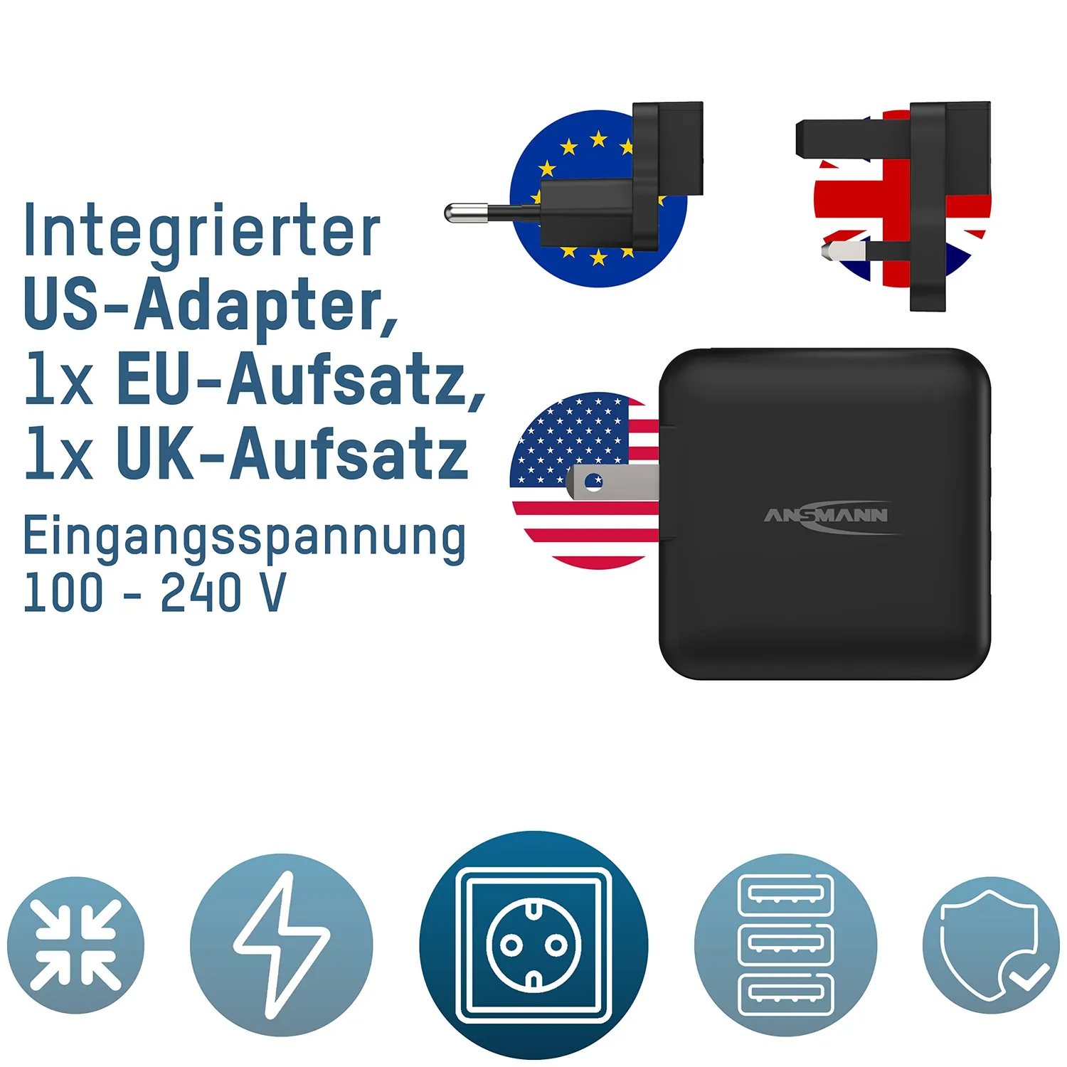 ANSMANN TC315 chargeur USB de voyage 15 W 3 ports prises interchangeables