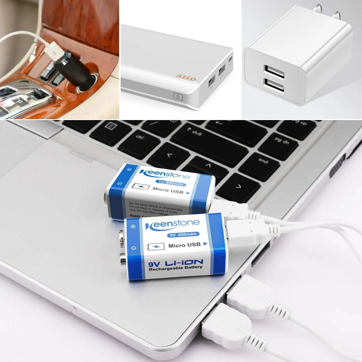Keenstone 6F22 pile rechargeable 9 V 650 mAh lot de 4 USB