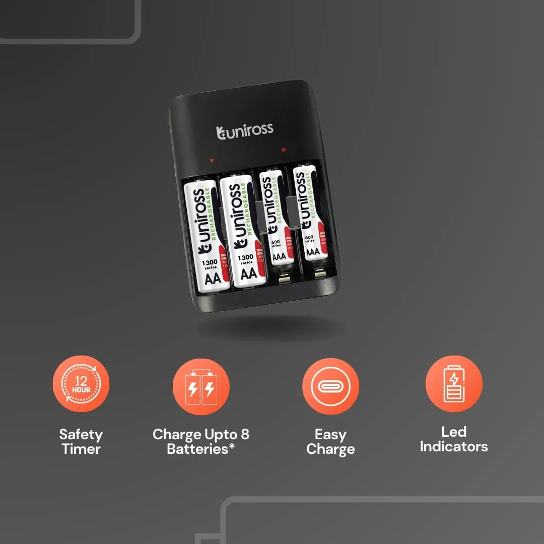 Uniross Compact chargeur piles AA AAA 9V + 4 piles AA