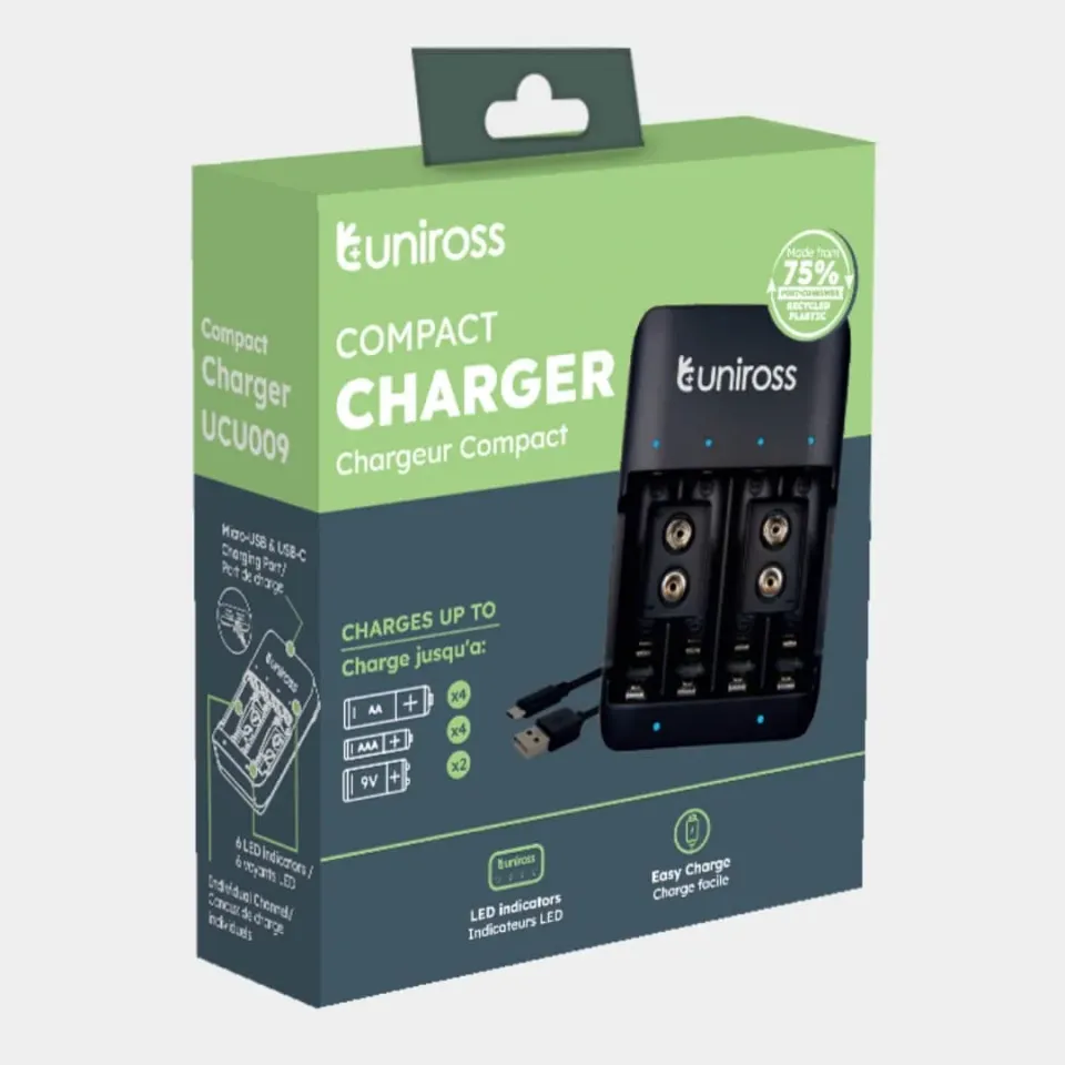 Uniross Compact chargeur de piles AA AAA C D 9 V USB