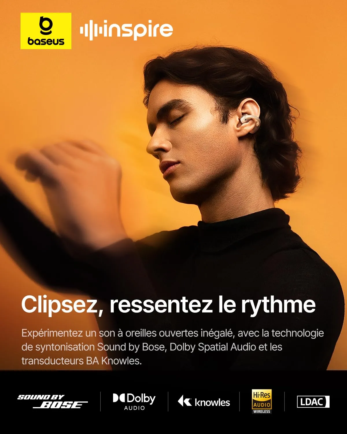 Baseus Inspire XC1 écouteurs ouverts Bluetooth Blanc lunaire IP66