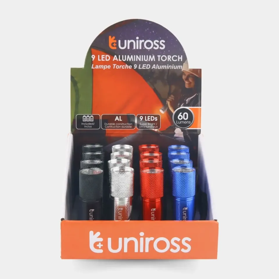 Uniross 9 LED Lampe torche aluminium 30LM piles incluses