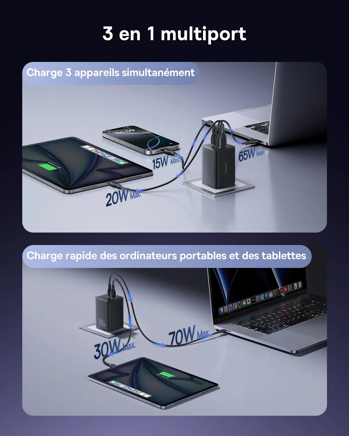 Baseus Enerfill chargeur USB-C 100 W 3 ports blanc GaN
