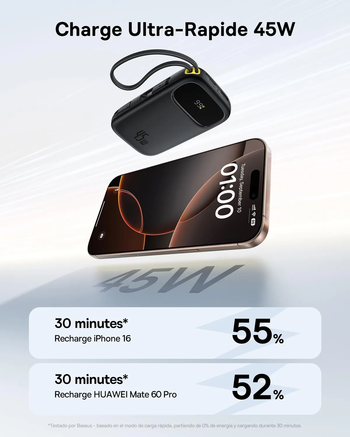 Baseus Qpow3 batterie externe 20 000 mAh 45 W noire avec câbles USB-C