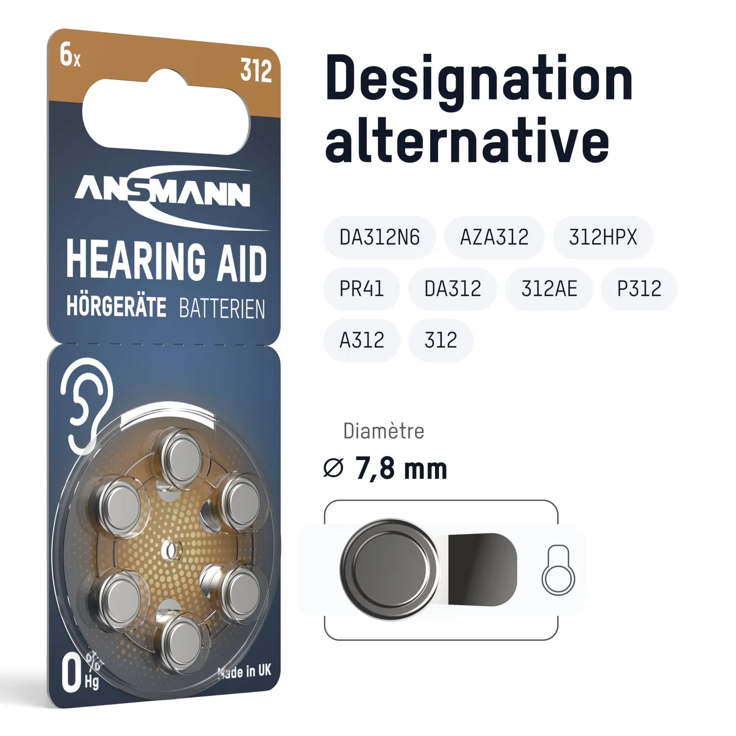 ANSMANN piles auditives 312 lot de 120 marron sans mercure