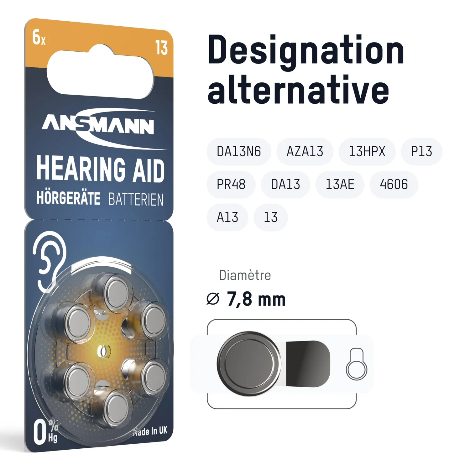 ANSMANN piles auditives type 13 zinc-air 1,4 V lot de 60