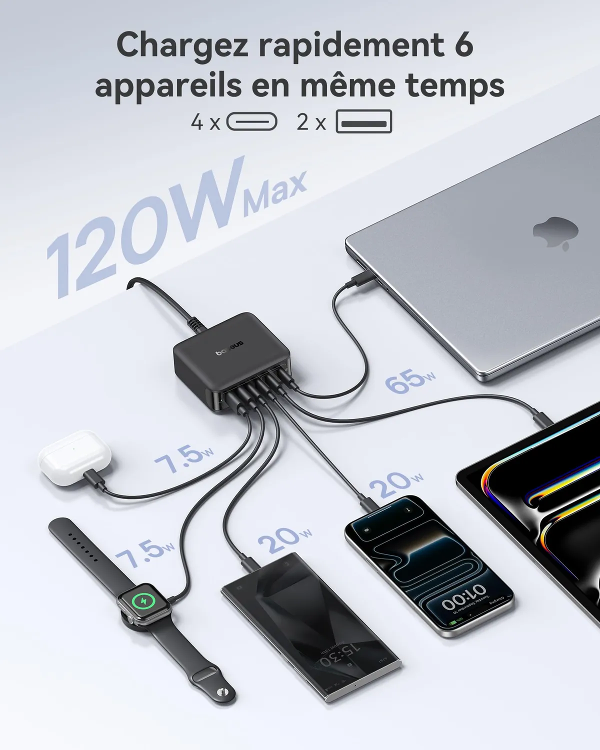 Baseus Enerfill Compact chargeur USB 120 W 6 ports noir