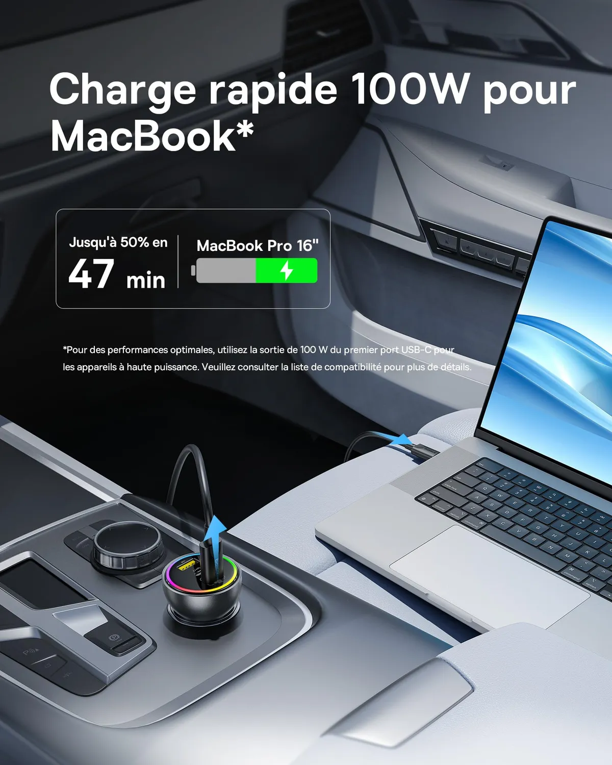 Baseus 152.5W chargeur allume-cigare USB-C 3 ports RGB avec câble 100 W