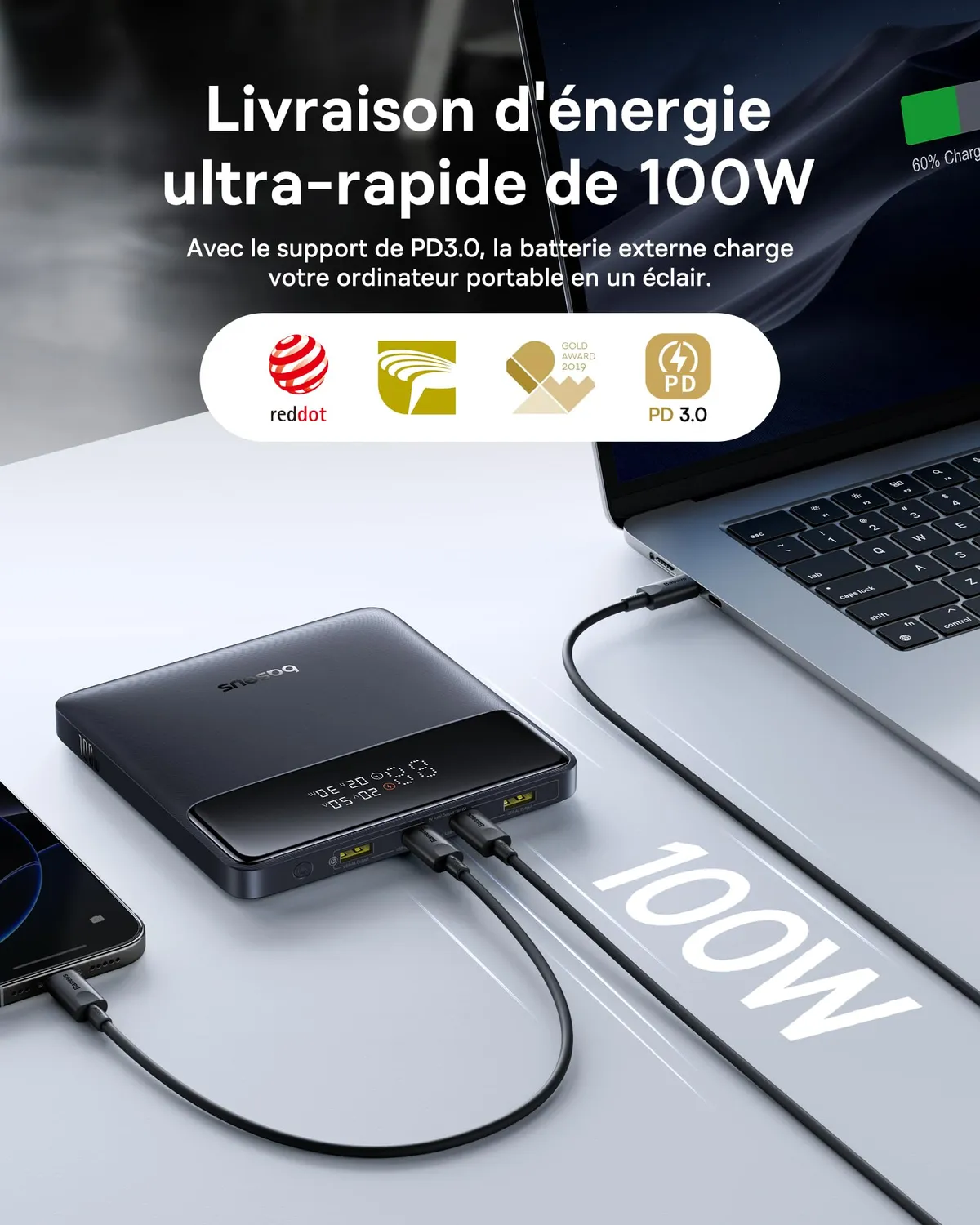 Baseus Blade H1 batterie externe 20 000 mAh 100 W noir intergalactique