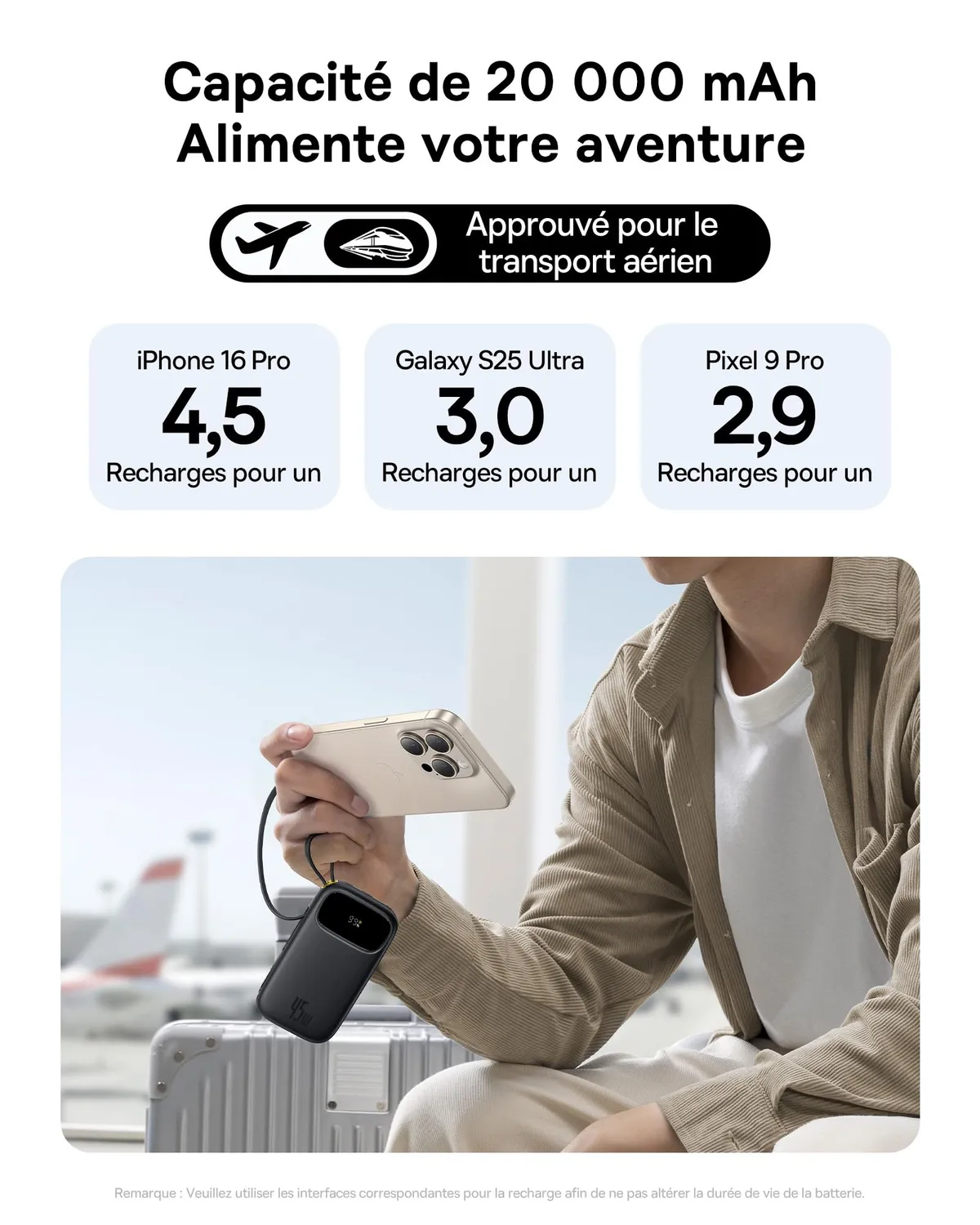 Baseus Qpow3 batterie externe 20 000 mAh 45 W noire avec câbles USB-C