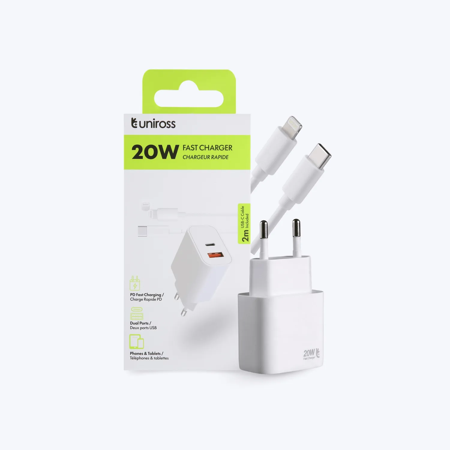 Uniross chargeur mural 20W double port avec câble Lightning