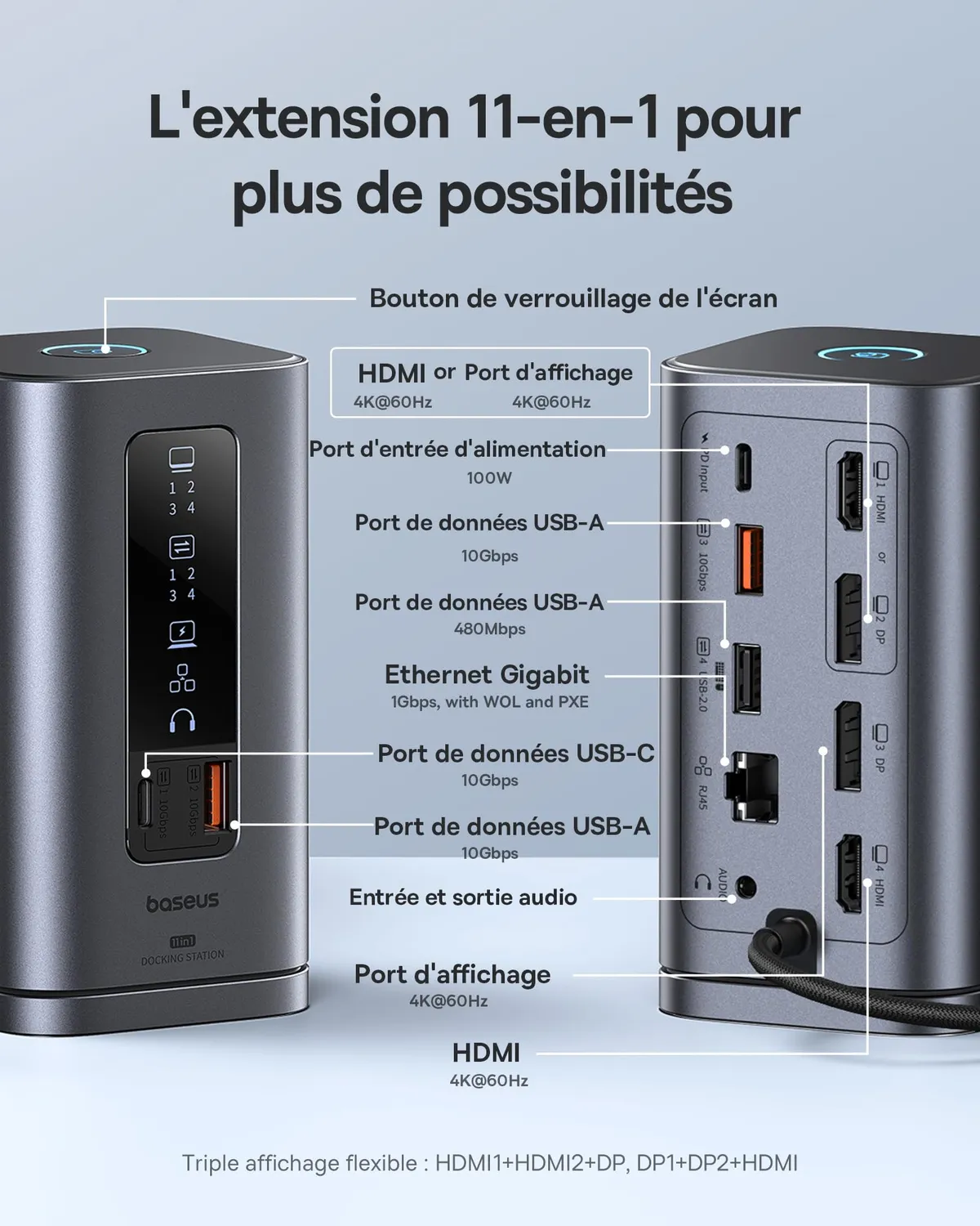 Baseus Spacemate 11 en 1 station d’accueil Windows triple écran 4K