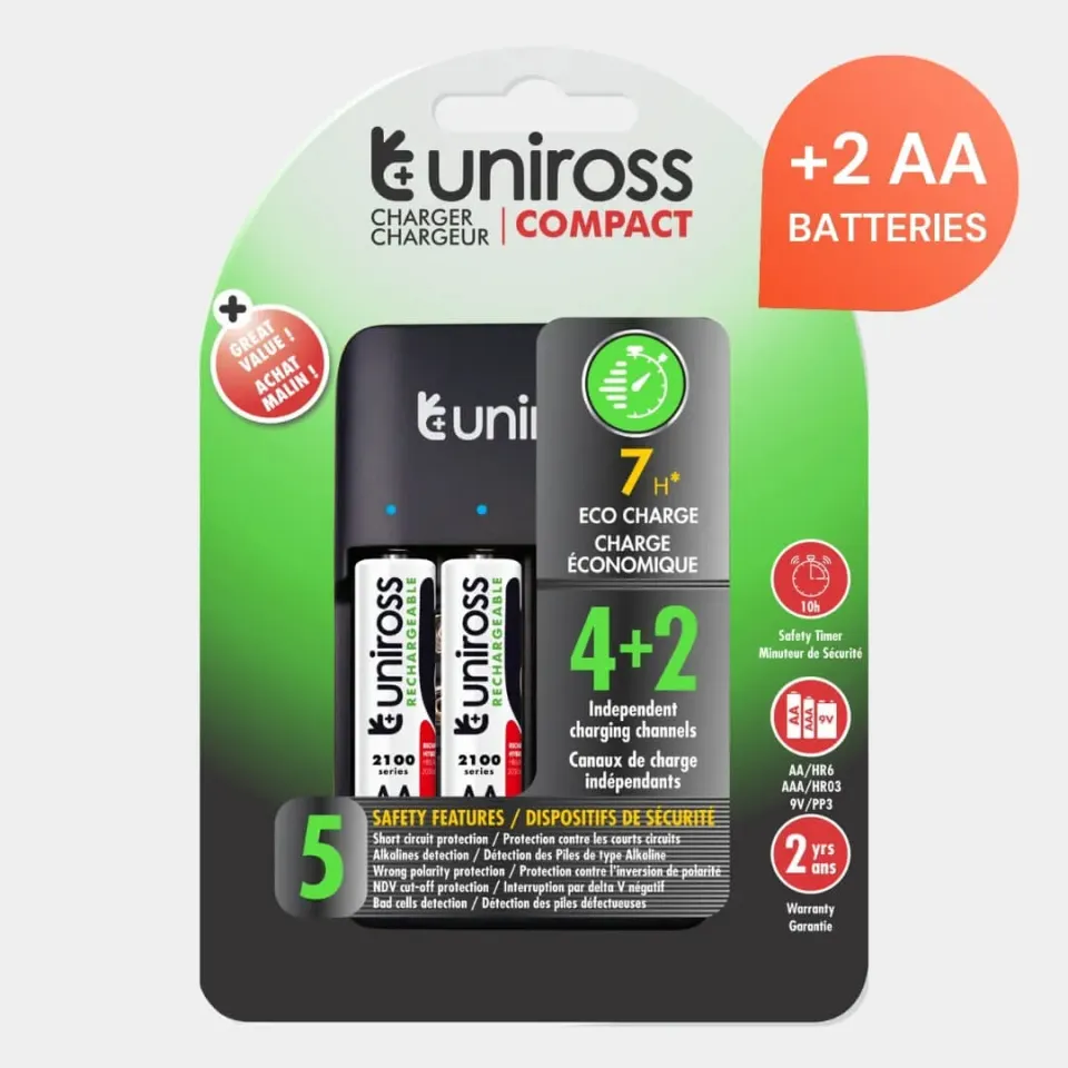 Uniross Compact chargeur piles AA AAA 9V + 4 piles AA